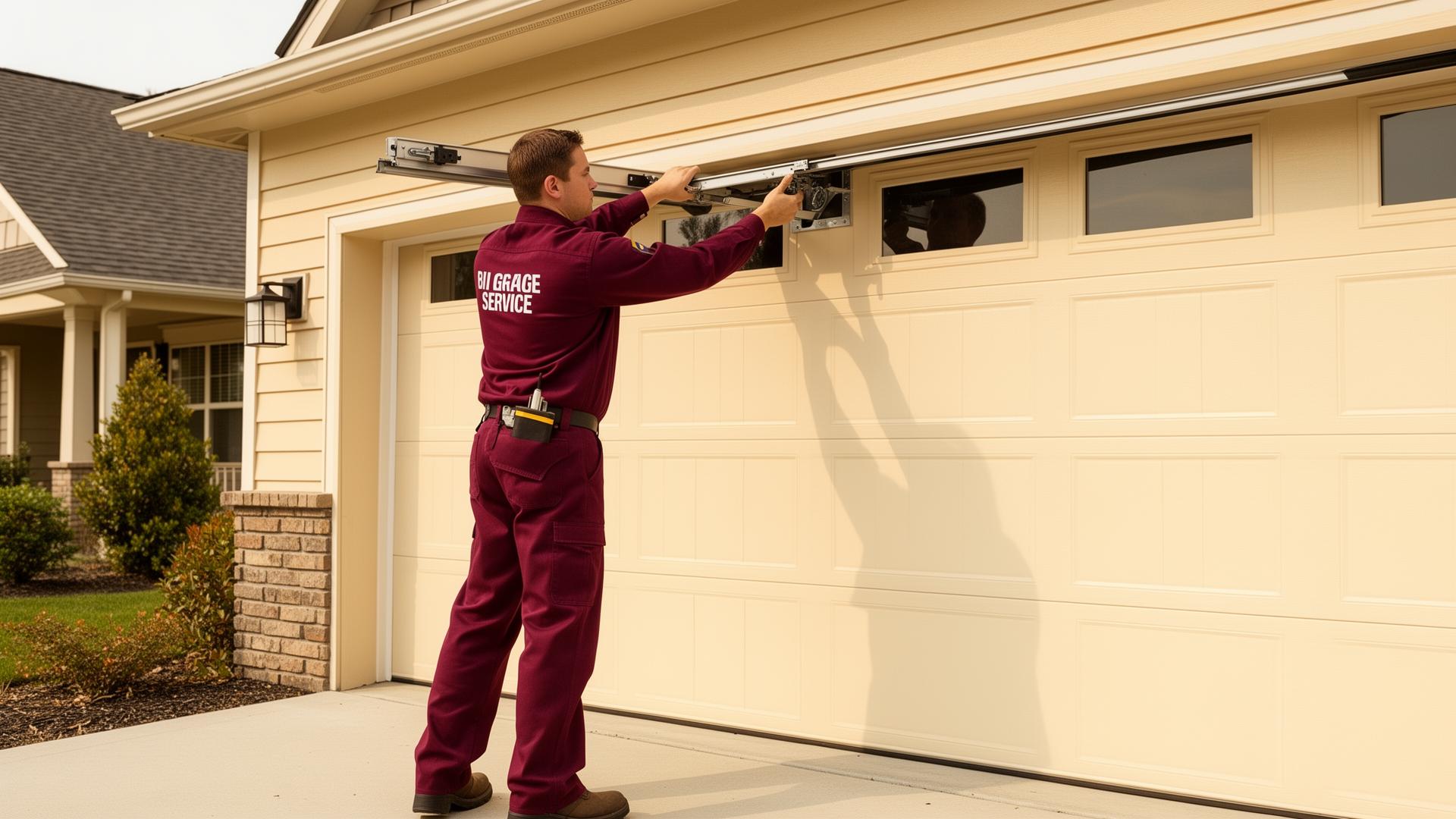 Professional garage door technician installing a new residential garage door in Deer Park, Texas
